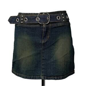Gasoline Y2K Denim Mini Skirt Grommet Belt Rhinestone Accents Whimsygoth Size 5
